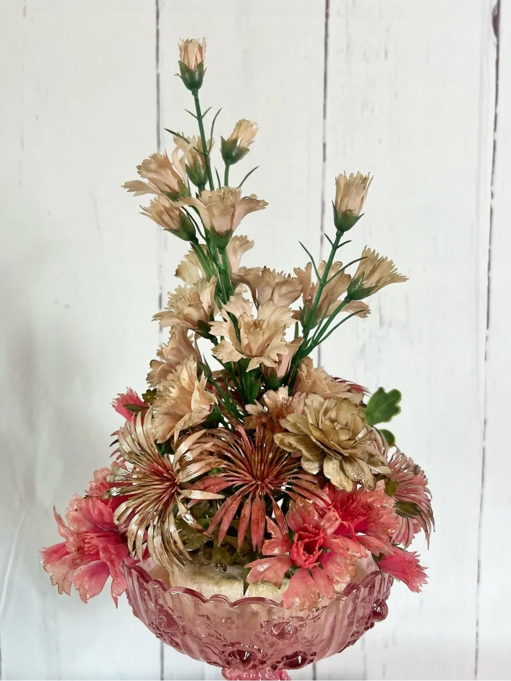 Vintage Fenton Pink Glass Compote with Mid Century Plastic Floral Arrangement